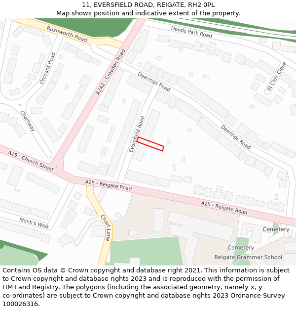 11, EVERSFIELD ROAD, REIGATE, RH2 0PL: Location map and indicative extent of plot