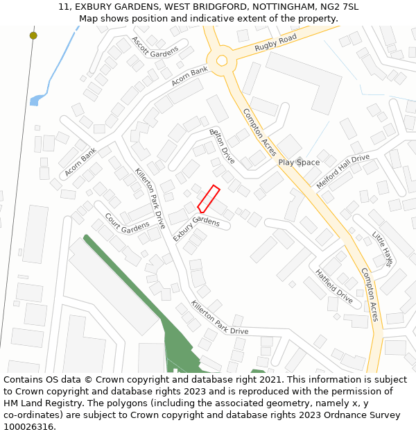 11, EXBURY GARDENS, WEST BRIDGFORD, NOTTINGHAM, NG2 7SL: Location map and indicative extent of plot