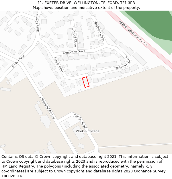 11, EXETER DRIVE, WELLINGTON, TELFORD, TF1 3PR: Location map and indicative extent of plot