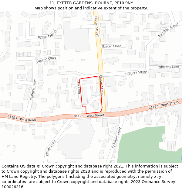 11, EXETER GARDENS, BOURNE, PE10 9NY: Location map and indicative extent of plot