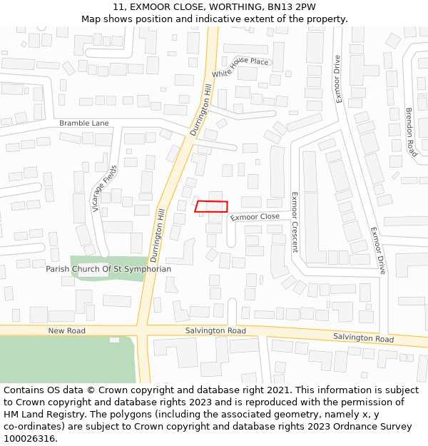 11, EXMOOR CLOSE, WORTHING, BN13 2PW: Location map and indicative extent of plot