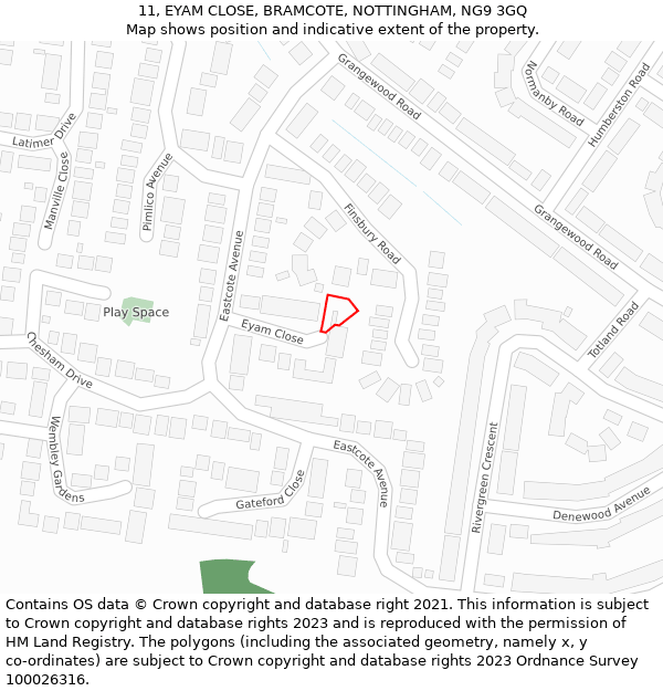 11, EYAM CLOSE, BRAMCOTE, NOTTINGHAM, NG9 3GQ: Location map and indicative extent of plot