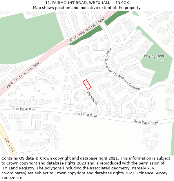 11, FAIRMOUNT ROAD, WREXHAM, LL13 9GX: Location map and indicative extent of plot