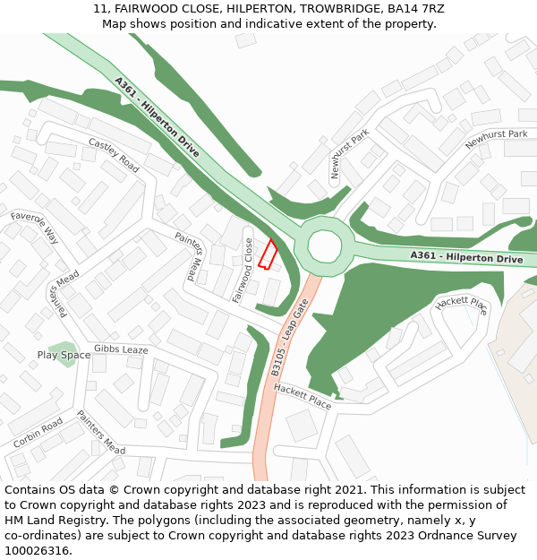 11, FAIRWOOD CLOSE, HILPERTON, TROWBRIDGE, BA14 7RZ: Location map and indicative extent of plot