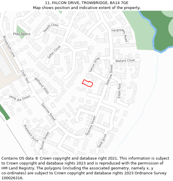 11, FALCON DRIVE, TROWBRIDGE, BA14 7GE: Location map and indicative extent of plot