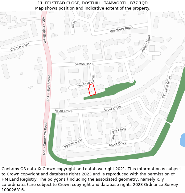 11, FELSTEAD CLOSE, DOSTHILL, TAMWORTH, B77 1QD: Location map and indicative extent of plot