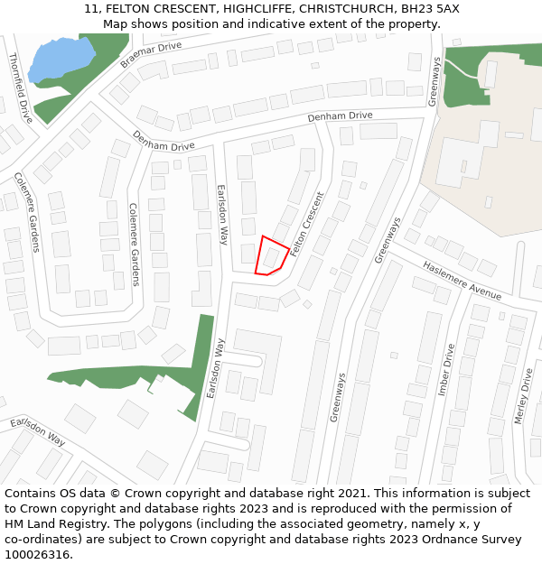 11, FELTON CRESCENT, HIGHCLIFFE, CHRISTCHURCH, BH23 5AX: Location map and indicative extent of plot