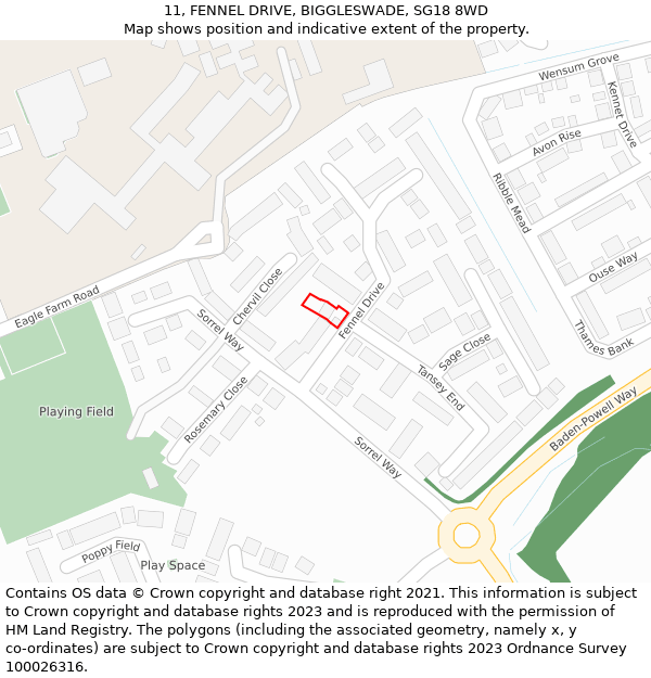 11, FENNEL DRIVE, BIGGLESWADE, SG18 8WD: Location map and indicative extent of plot