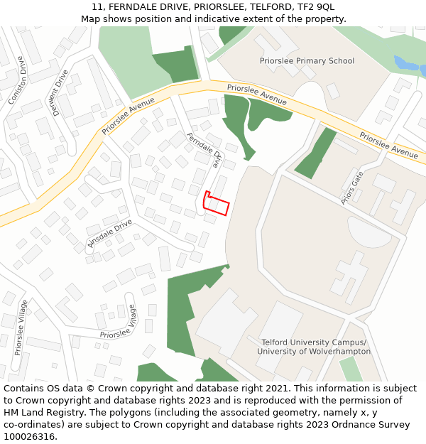 11, FERNDALE DRIVE, PRIORSLEE, TELFORD, TF2 9QL: Location map and indicative extent of plot