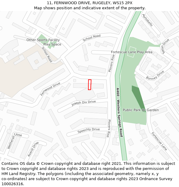 11, FERNWOOD DRIVE, RUGELEY, WS15 2PX: Location map and indicative extent of plot