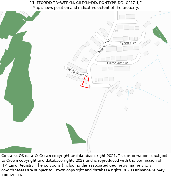 11, FFORDD TRYWERYN, CILFYNYDD, PONTYPRIDD, CF37 4JE: Location map and indicative extent of plot
