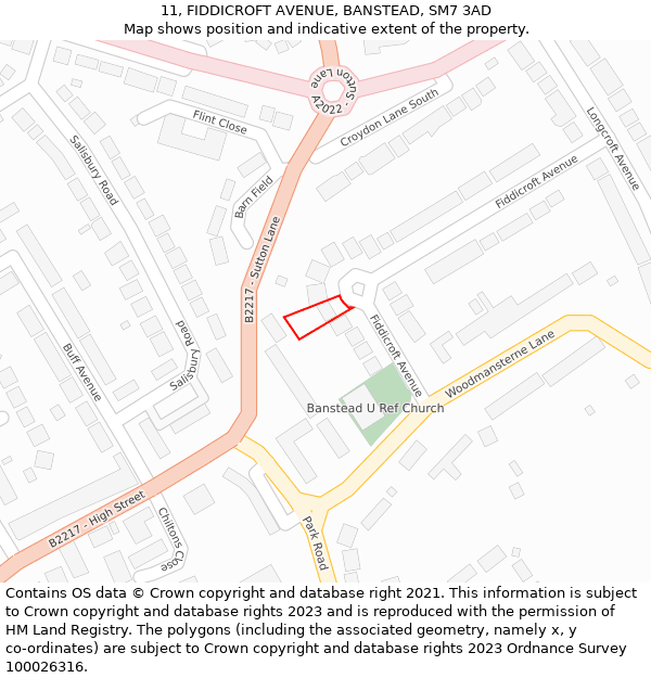 11, FIDDICROFT AVENUE, BANSTEAD, SM7 3AD: Location map and indicative extent of plot