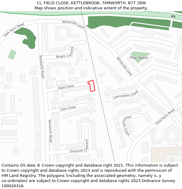 11, FIELD CLOSE, KETTLEBROOK, TAMWORTH, B77 1BW: Location map and indicative extent of plot