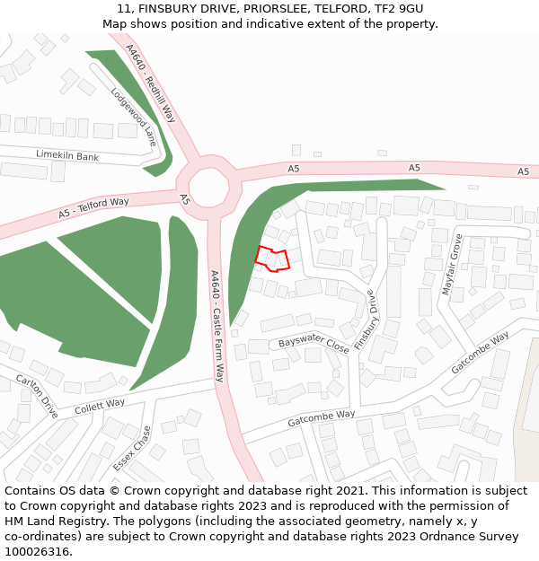 11, FINSBURY DRIVE, PRIORSLEE, TELFORD, TF2 9GU: Location map and indicative extent of plot