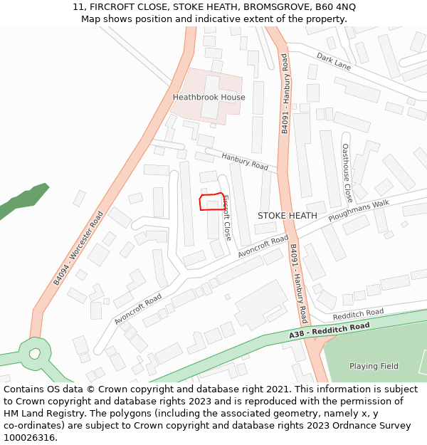 11, FIRCROFT CLOSE, STOKE HEATH, BROMSGROVE, B60 4NQ: Location map and indicative extent of plot