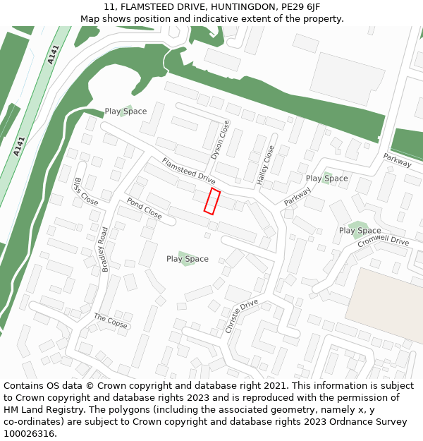 11, FLAMSTEED DRIVE, HUNTINGDON, PE29 6JF: Location map and indicative extent of plot