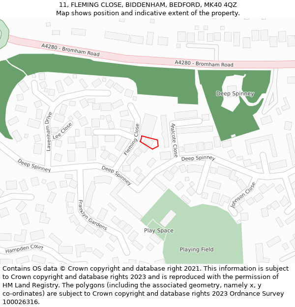 11, FLEMING CLOSE, BIDDENHAM, BEDFORD, MK40 4QZ: Location map and indicative extent of plot