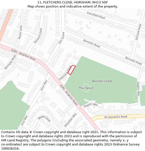 11, FLETCHERS CLOSE, HORSHAM, RH13 5DF: Location map and indicative extent of plot