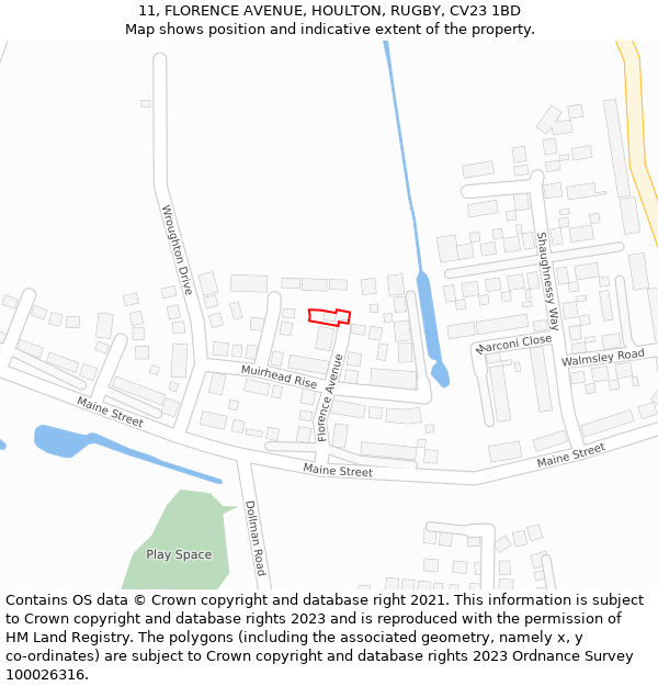 11, FLORENCE AVENUE, HOULTON, RUGBY, CV23 1BD: Location map and indicative extent of plot