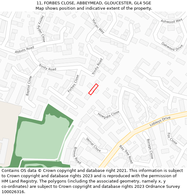 11, FORBES CLOSE, ABBEYMEAD, GLOUCESTER, GL4 5GE: Location map and indicative extent of plot