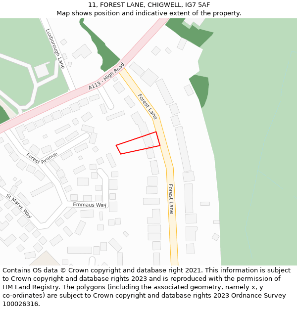 11, FOREST LANE, CHIGWELL, IG7 5AF: Location map and indicative extent of plot
