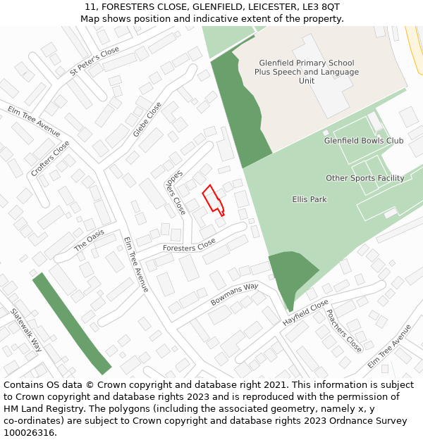 11, FORESTERS CLOSE, GLENFIELD, LEICESTER, LE3 8QT: Location map and indicative extent of plot