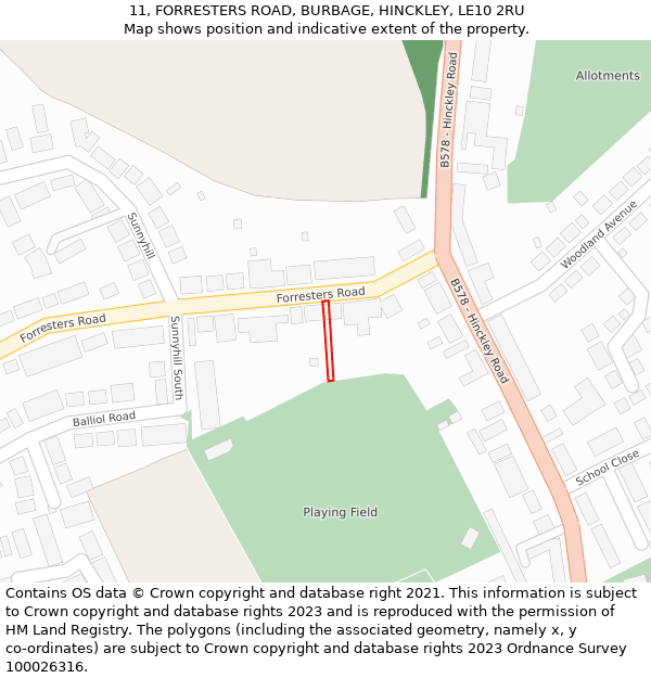 11, FORRESTERS ROAD, BURBAGE, HINCKLEY, LE10 2RU: Location map and indicative extent of plot