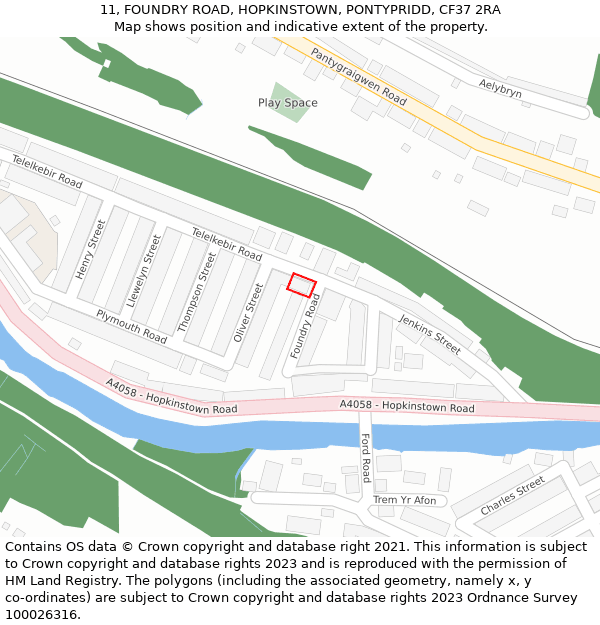 11, FOUNDRY ROAD, HOPKINSTOWN, PONTYPRIDD, CF37 2RA: Location map and indicative extent of plot