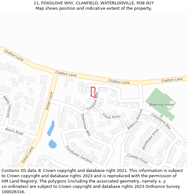11, FOXGLOVE WAY, CLANFIELD, WATERLOOVILLE, PO8 0UY: Location map and indicative extent of plot