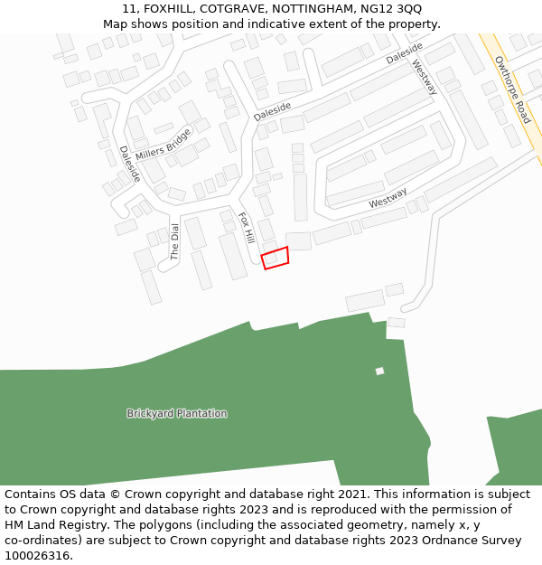 11, FOXHILL, COTGRAVE, NOTTINGHAM, NG12 3QQ: Location map and indicative extent of plot