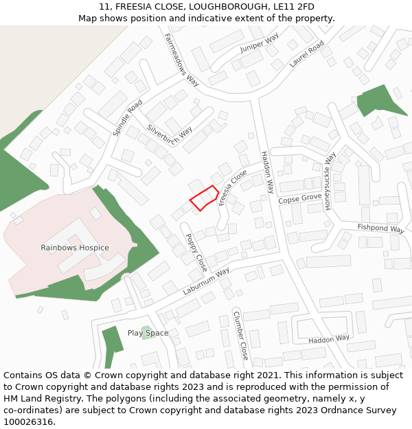11, FREESIA CLOSE, LOUGHBOROUGH, LE11 2FD: Location map and indicative extent of plot