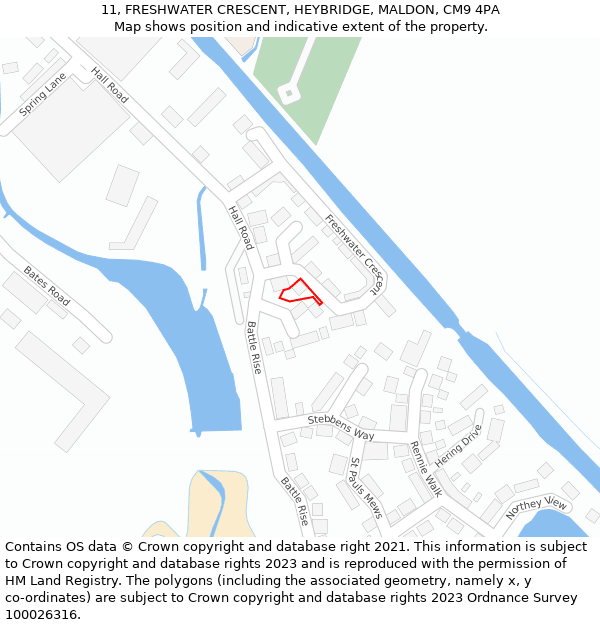 11, FRESHWATER CRESCENT, HEYBRIDGE, MALDON, CM9 4PA: Location map and indicative extent of plot