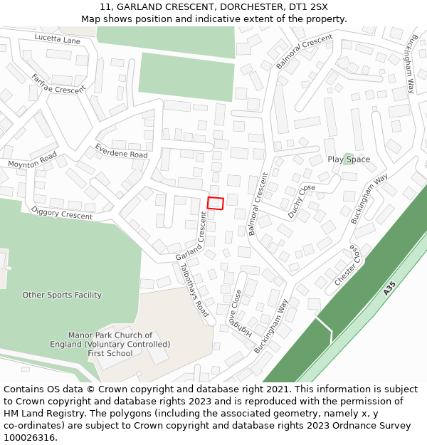 11, GARLAND CRESCENT, DORCHESTER, DT1 2SX: Location map and indicative extent of plot