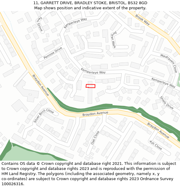 11, GARRETT DRIVE, BRADLEY STOKE, BRISTOL, BS32 8GD: Location map and indicative extent of plot