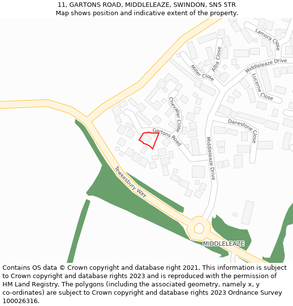 11, GARTONS ROAD, MIDDLELEAZE, SWINDON, SN5 5TR: Location map and indicative extent of plot