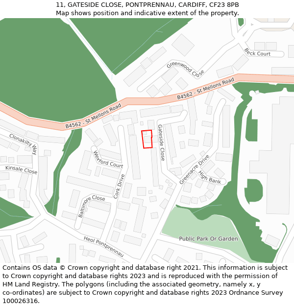 11, GATESIDE CLOSE, PONTPRENNAU, CARDIFF, CF23 8PB: Location map and indicative extent of plot