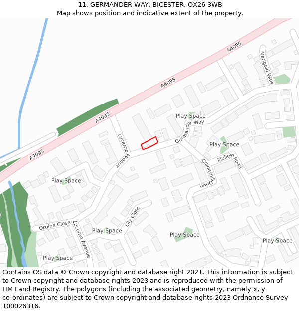 11, GERMANDER WAY, BICESTER, OX26 3WB: Location map and indicative extent of plot