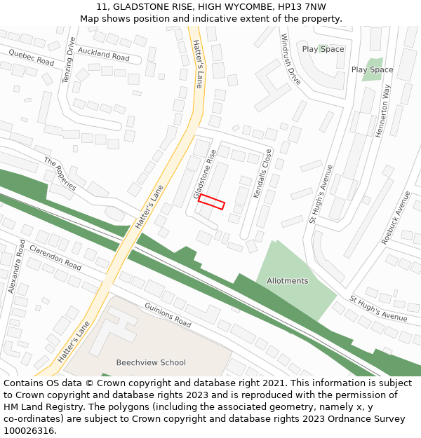 11, GLADSTONE RISE, HIGH WYCOMBE, HP13 7NW: Location map and indicative extent of plot