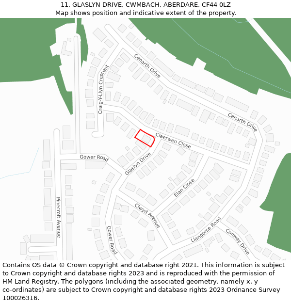 11, GLASLYN DRIVE, CWMBACH, ABERDARE, CF44 0LZ: Location map and indicative extent of plot