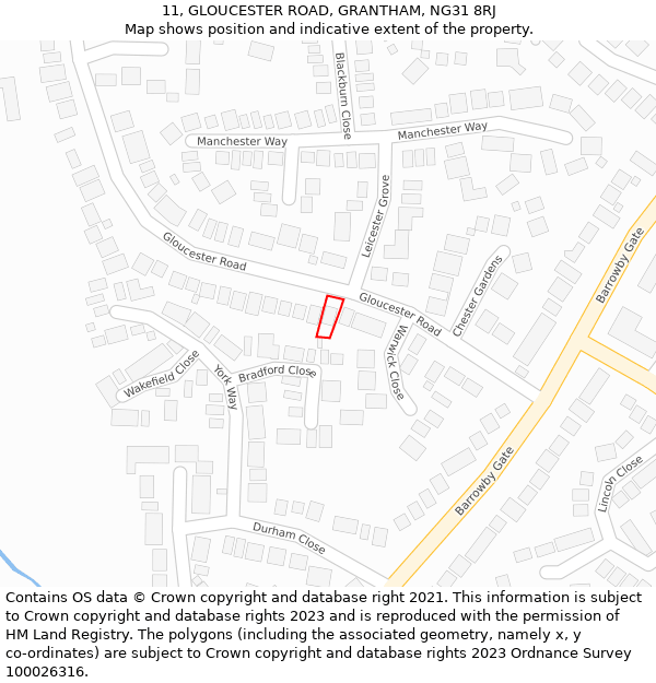 11, GLOUCESTER ROAD, GRANTHAM, NG31 8RJ: Location map and indicative extent of plot