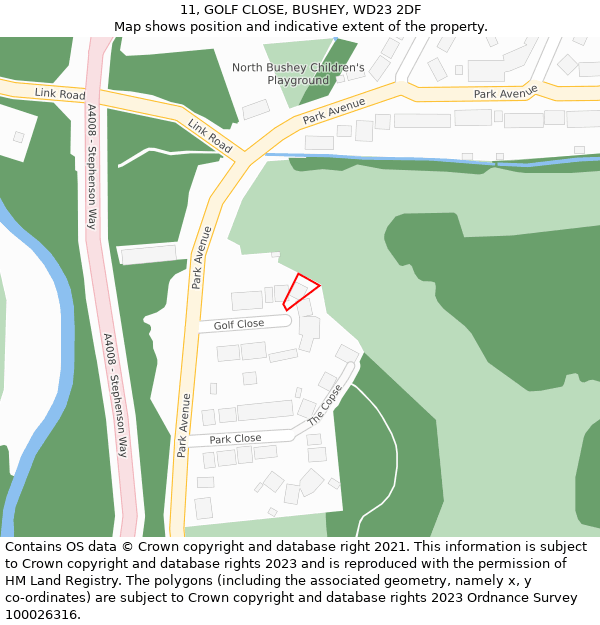 11, GOLF CLOSE, BUSHEY, WD23 2DF: Location map and indicative extent of plot