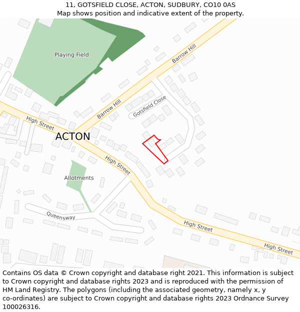 11, GOTSFIELD CLOSE, ACTON, SUDBURY, CO10 0AS: Location map and indicative extent of plot