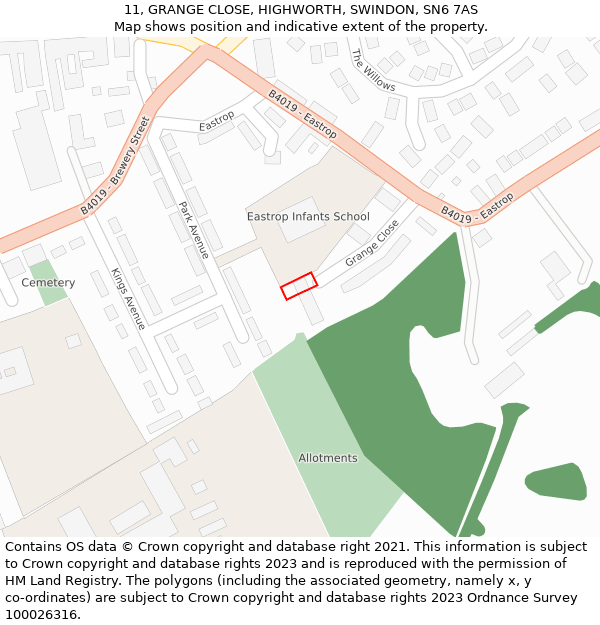 11, GRANGE CLOSE, HIGHWORTH, SWINDON, SN6 7AS: Location map and indicative extent of plot