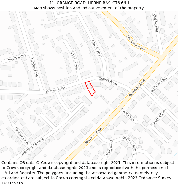 11, GRANGE ROAD, HERNE BAY, CT6 6NH: Location map and indicative extent of plot