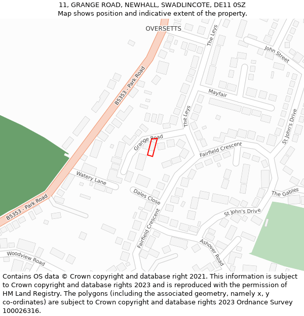 11, GRANGE ROAD, NEWHALL, SWADLINCOTE, DE11 0SZ: Location map and indicative extent of plot