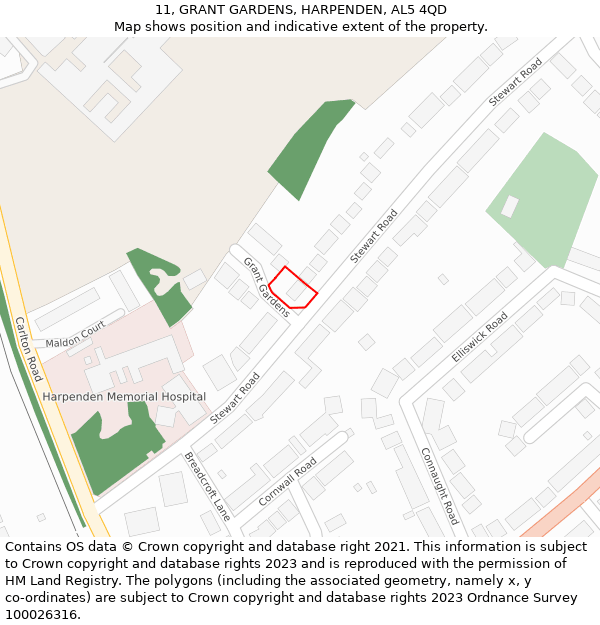 11, GRANT GARDENS, HARPENDEN, AL5 4QD: Location map and indicative extent of plot