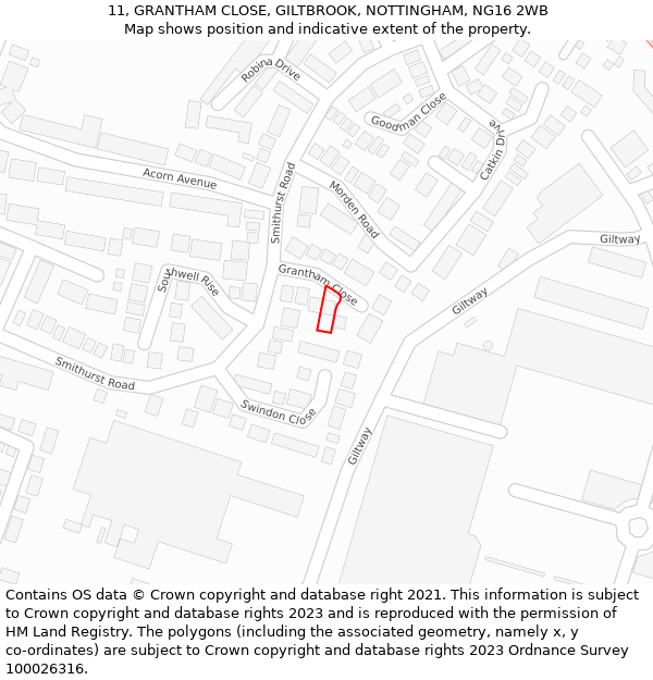 11, GRANTHAM CLOSE, GILTBROOK, NOTTINGHAM, NG16 2WB: Location map and indicative extent of plot