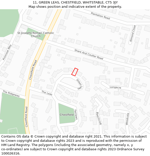 11, GREEN LEAS, CHESTFIELD, WHITSTABLE, CT5 3JY: Location map and indicative extent of plot