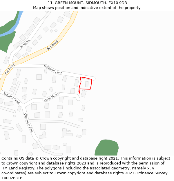 11, GREEN MOUNT, SIDMOUTH, EX10 9DB: Location map and indicative extent of plot