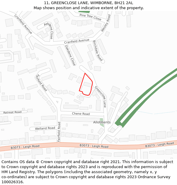 11, GREENCLOSE LANE, WIMBORNE, BH21 2AL: Location map and indicative extent of plot